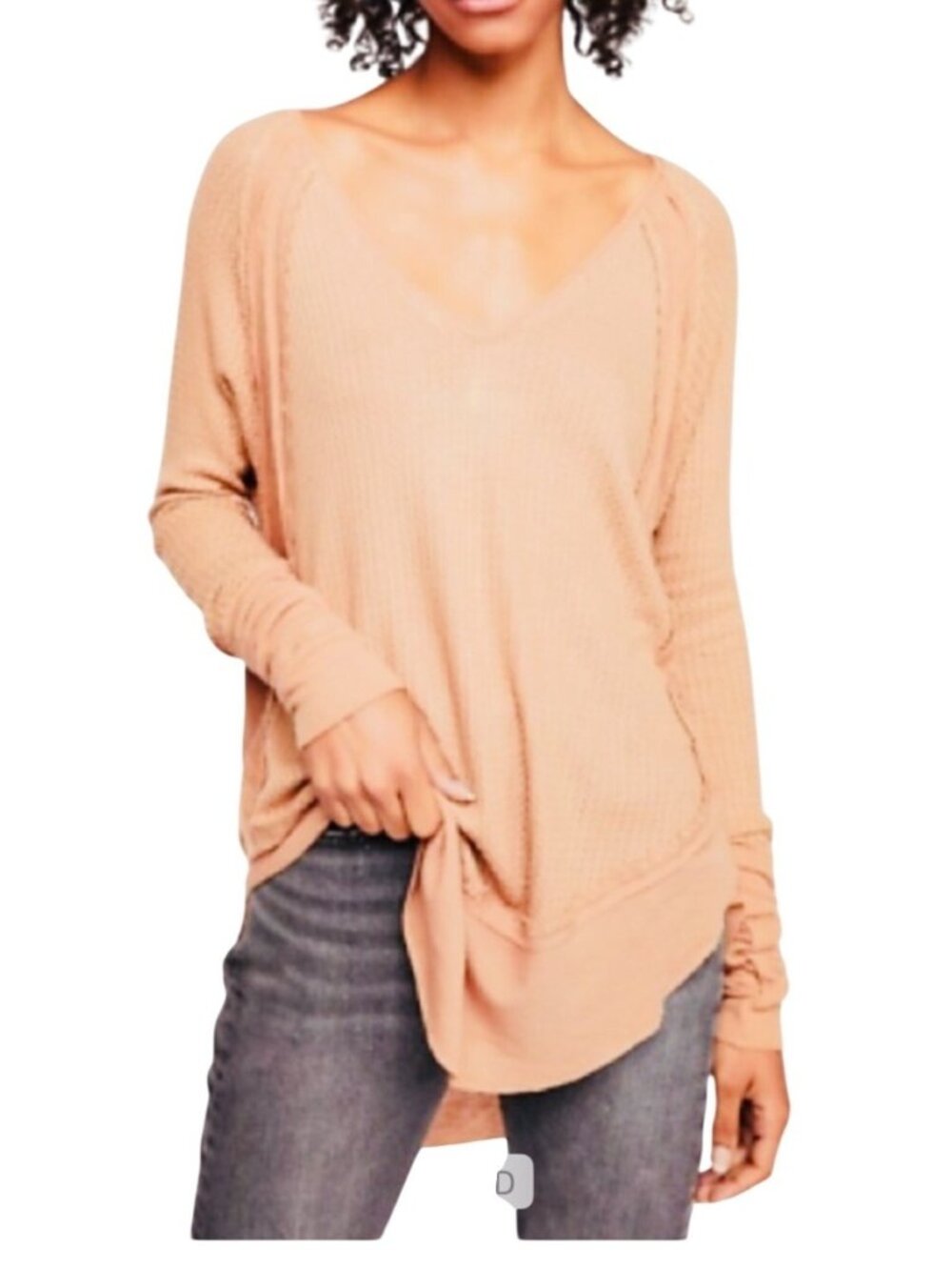 Free People We The Free Catalina Thermal Top Large V-Neck Waffle Knit Peach Boho